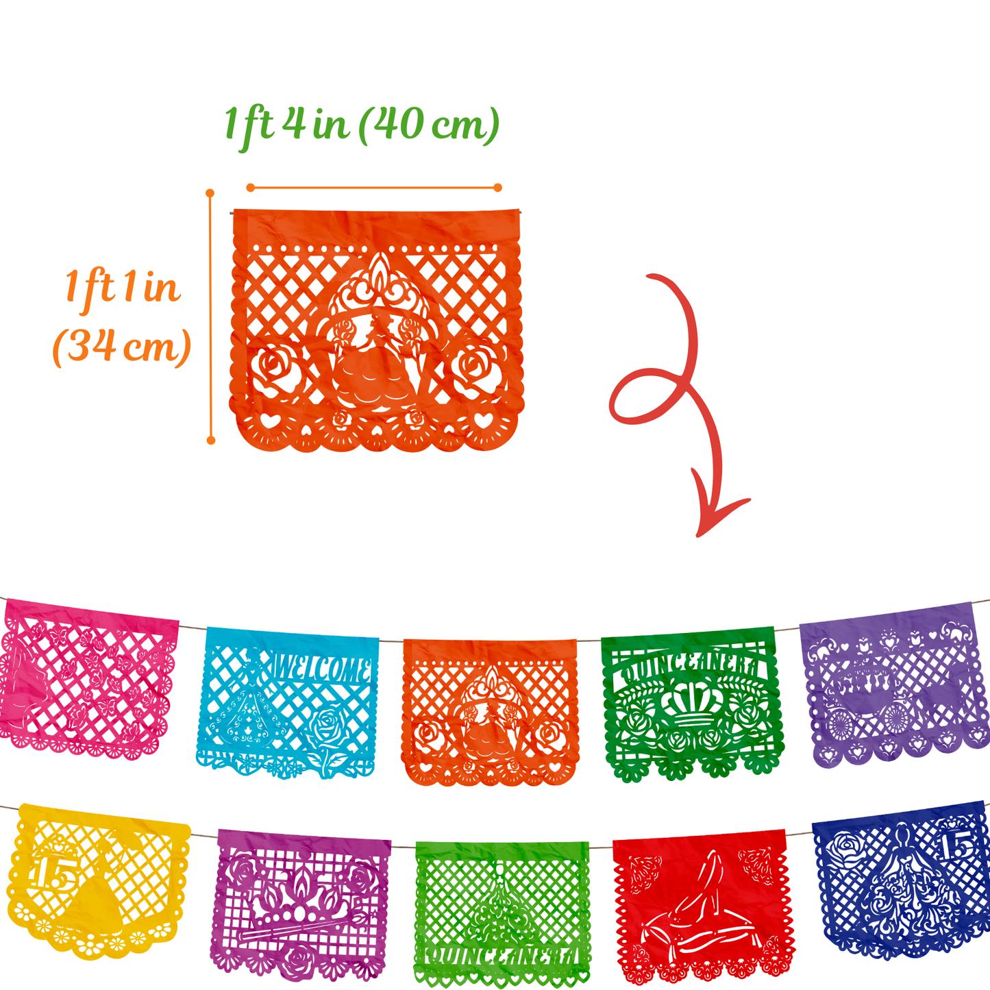 TIRAS DE PAPEL PICADO 1/2 15 AÑOS MULTI